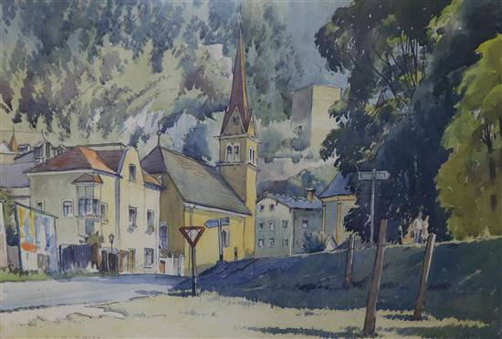 A village street scene watercolour D.W. Burley 37 x 53cm
